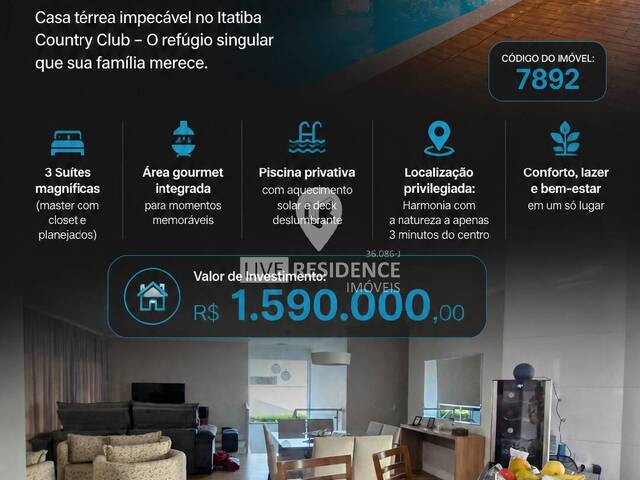 #7892 - Casa em condomínio ou Chácara para Venda em Itatiba - SP